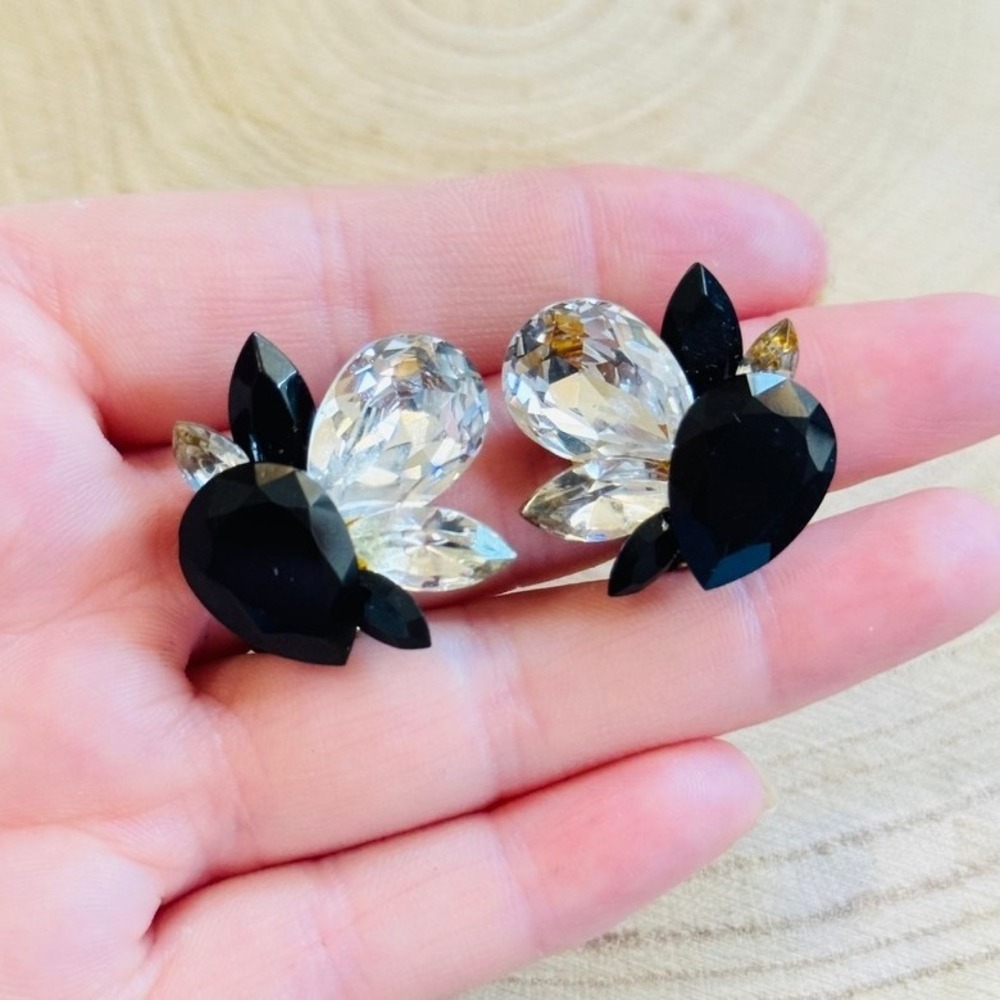 VTG 80s Crystal Rhinestone Earrings cluster jeweled chunky‎ clear black regal